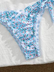 SHEIN Women Spring Break Floral Print Ruffled Spaghetti Strap Bikini Top With Tie Side Bottoms, 2 Pieces Swimwear Set, Casual Beach Vacation Outfit - Multicolor - View 5