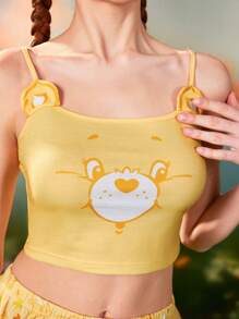 SHEIN X Care Bears Conjunto de pijama de top de tirantes con diseño de orejas 3D y estampado de oso Funshine y shorts con estampado de estrellas, en estilo casual y adorable, para primavera y verano