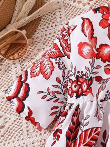 SHEIN Young Girl Casual Matching Mother-Daughter 1pc Floral Print Button Front Smock Dress, Suitable For Daily Casual Wear And Travel And Vacation Wear - White - View 3
