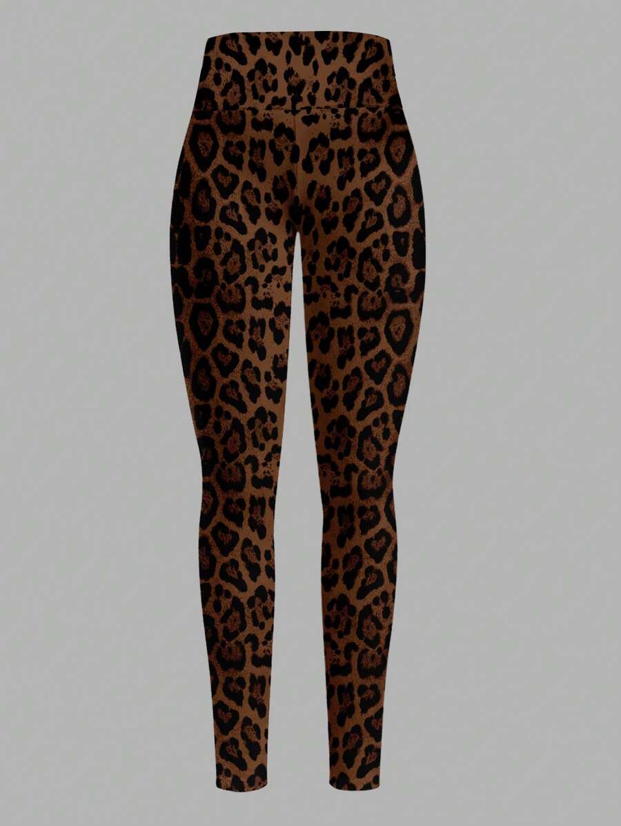 SHEIN SXY Casual Leopard Print High Waist Skinny Women Ankle Length Leggings, Suitable For Summer, Cheetah Print Leggings - Mocha Brown - View 1
