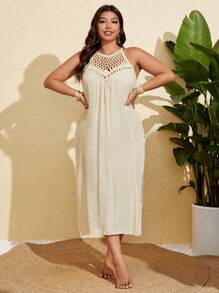 Swim Vcay Vestido tapa playa para talla grande de mujer de unicolor, de cuello halter, tejido a crochet, con diseño calado y ajustado