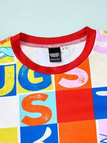 LOONEY TUNES X SHEIN Conjunto de pijama de verano para niño preadolescente con camiseta de cuello redondo elástico con estampado de conejo de color contrastante y pantalones cortos ajustados - Multicolor - Ver 5