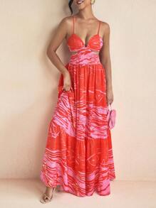 Eva Novielli Abstract Printed Spaghetti Straps V Neck Cutout Maxi Summer Dress Vacation Sundress, Rave, Prom Dress - Multicolor - View 3