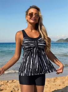 Swim Lushoire Women 2 Pieces Striped & Tie-Dye Butterfly Twist Front Round Neck Wide Strap Tank Top + Black High Waist Shorts Swimming Suit Beach Casual Set For Summer Beach Vacation - Black and White - View 3