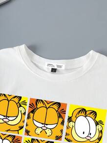 GARFIELD X SHEIN Loose Fit Round Neck Short Sleeve Cute Cartoon Graphic White Summer Comfy T-Shirt For Women
