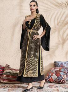 Al Najma Handmade Thick Thread Embroidery Long Sleeve Robe, For Ramadan, Modest Kaftan - Multicolor - View 6