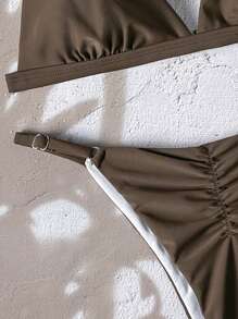 SHEIN Swim Women's Solid Color Bikini Set For Vacation & Beach For Summer - Brown - View 5