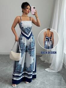 Elenzga 女士度假套装，蓝色扎染波西米亚风不对称吊带背心和宽松阔腿裤 - 藍色 - 查看 1