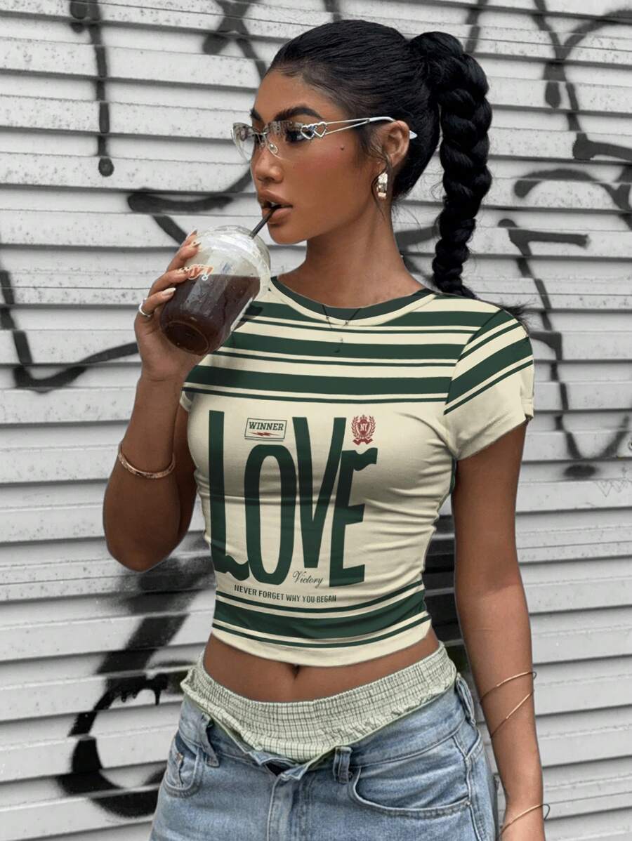 Muchica 休闲街头风格绿色爱心印花圆领修身短款短袖 T 恤