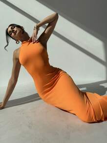 Firerie Valentijnsdag Nieuwe elegante romantische date vakantie oranje asymmetrische wrap voorkant rugloze bodycon maxi-jurk