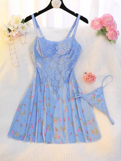 FloralLove 2pcs Set Plus Size Lace Patchwork Printed Ribbed Sexy Lingerie Camisole Slip Dress & Thong Bountiful Floral Splendor