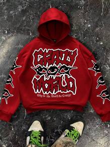 Manfinity EMRG Men's Loose Letter Print Hoodie, Suitable For Everyday Wear - Red - View 1