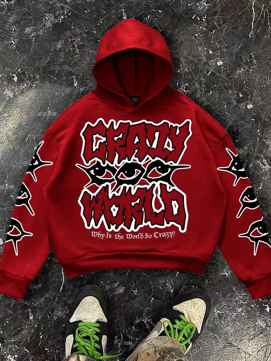 Manfinity EMRG Men's Loose Letter Print Hoodie, Suitable For Everyday Wear - Red - View 1