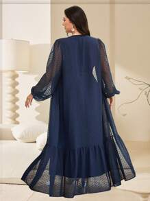 Veilorie Plus Size Solid Sleeveless Tie Waist Robe And Polka Dot Mesh Robe Arabic Outfit