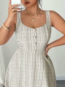 SHEIN Unity Plus Size Women Summer Elegant Faux Pearl Button Decorated Dress - Coffee Brown - View 4