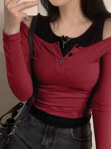 DAZY Women's Button Half-Placket Long Sleeve Casual Versatile Mock Layer T-Shirt Summer,Fall Clothes - Burgundy - View 5