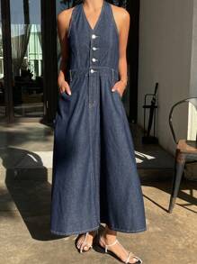 DAZY Gaun Denim Wanita Model Kerah V yang Dicuci - Dark Wash - View 1