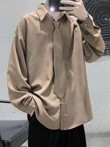Manfinity Hypemode Men's Loose Fit Drop Shoulder Solid Color Shirt Without Tie Man Clothes Men Shirts - Khaki - View 4