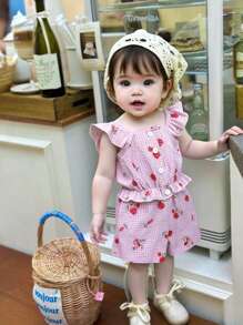 女婴可爱碎花格子荷叶边吊带背心上衣和短裤套装，适合夏季外出 - 粉色 - 查看 5