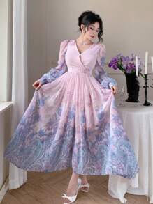 DAZY 波西米亚风全身印花方领春季粉彩中长连衣裙，优雅秋季长袖连衣裙，适合复活节 - 珊瑚粉 - 查看 8