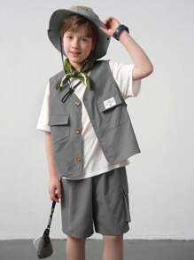 SHEIN Conjunto informal de 3 piezas para niño preadolescente con Top de tirantes con estampado gráfico y de letras, camiseta y pantalones cortos - Gris - Ver 1