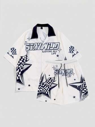 Anime Men's Racing Star Print Shirt & Shorts Set, Suitable For Everyday Wear, Spring/Summer