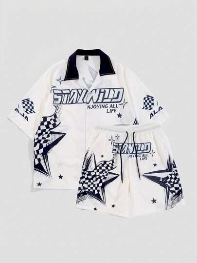 Anime طقم قميص وشورت مطبوع بنجوم للرجال، مناسب للارتداء اليومي، للربيع والصيف