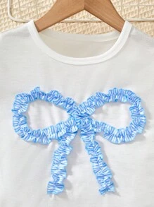 SHEIN 2pcs/Set Little Girls Bow Embellished Round Neck Ruffle Sleeve Tee And Striped Pants Set - Multicolor - View 7