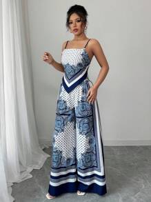 Elenzga 女士度假套装，蓝色扎染波西米亚风不对称吊带背心和宽松阔腿裤 - 藍色 - 查看 5