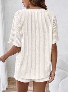 SHEIN 2pcs/Set Casual Maternity Short Sleeve V-Neck Adjustable Waist Shorts, Loose Comfy Summer Outfit