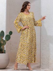 Al Najma Floral Print V-Neck Ruffled Trim Loose Flared Sleeve Arabic Style Dress,Modest - Yellow - View 8