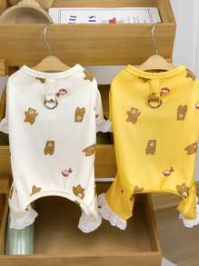 PETSIN Yellow Spring/Summer Simple Casual Home Wear Bear & Mushroom Print Hollow Ruffle Cuff Wearable & Leash Friendly Soft Pet Jumpsuit