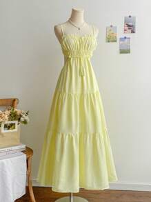 Soleia 女士度假细肩带 V 领裹腰镂空 A 字连衣裙，适合度假、音乐节、波西米亚风、休闲约会、下午茶 - 黃色 - 查看 4