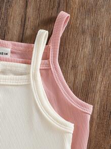 2pcs Set Baby Girl Elastic Ribbed Camisole With Floral Print & Tight Shorts, Comfortable Casual Summer Outfit - Pink - View 3