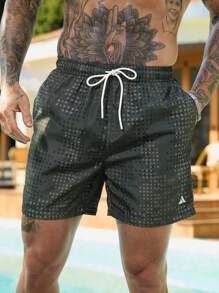 Surfspeed Men's Geometric Print Drawstring Waist Beach Shorts - Army Green - View 3