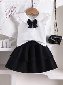 Tenue de mode coréenne style académique été 2024 pour bébé fille, chemise sans manches + jupe à volants - Blanc - Voir 3