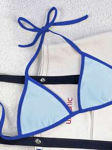 Swim Mod 2026 春夏女士泳衣，细肩带露背领，海军蓝 + 浅蓝撞色，性感度假侧系带丁字裤比基尼套装 - 藍色 - 查看 6