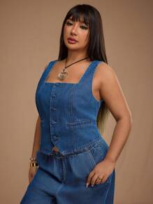 Forever 21 Top en denim décontracté sans manches col carré à simple boutonnage pour femmes grandes tailles