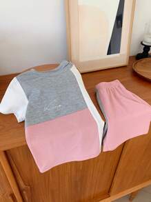 2 Pieces Set Young Boys Casual Sports College Artistic Style Retro Multi-Color Stitching Round Neck T-Shirt And Shorts Suit Suitable For Young Boy Clothing Young Boy Clothes Back To School Boy Suit Suitable For Birthday Parties, Evening Parties, Performances, Weddings, Baptisms, Opening Ceremonies, Daily Suitable For School Suitable For Travel Suitable For Vacation Suitable For Spring And Summer - Pink - View 5