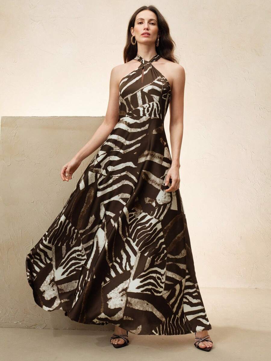 Anewsta 女士无袖紧身斑马纹长裙，适合春季、夏季、复活节和节日 - 咖啡 - 查看 1