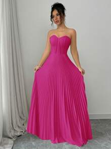 Vestido elegante y romántico con cintura fruncida y bajo en línea A para mujeres - Rosa Fucsia - Ver 5