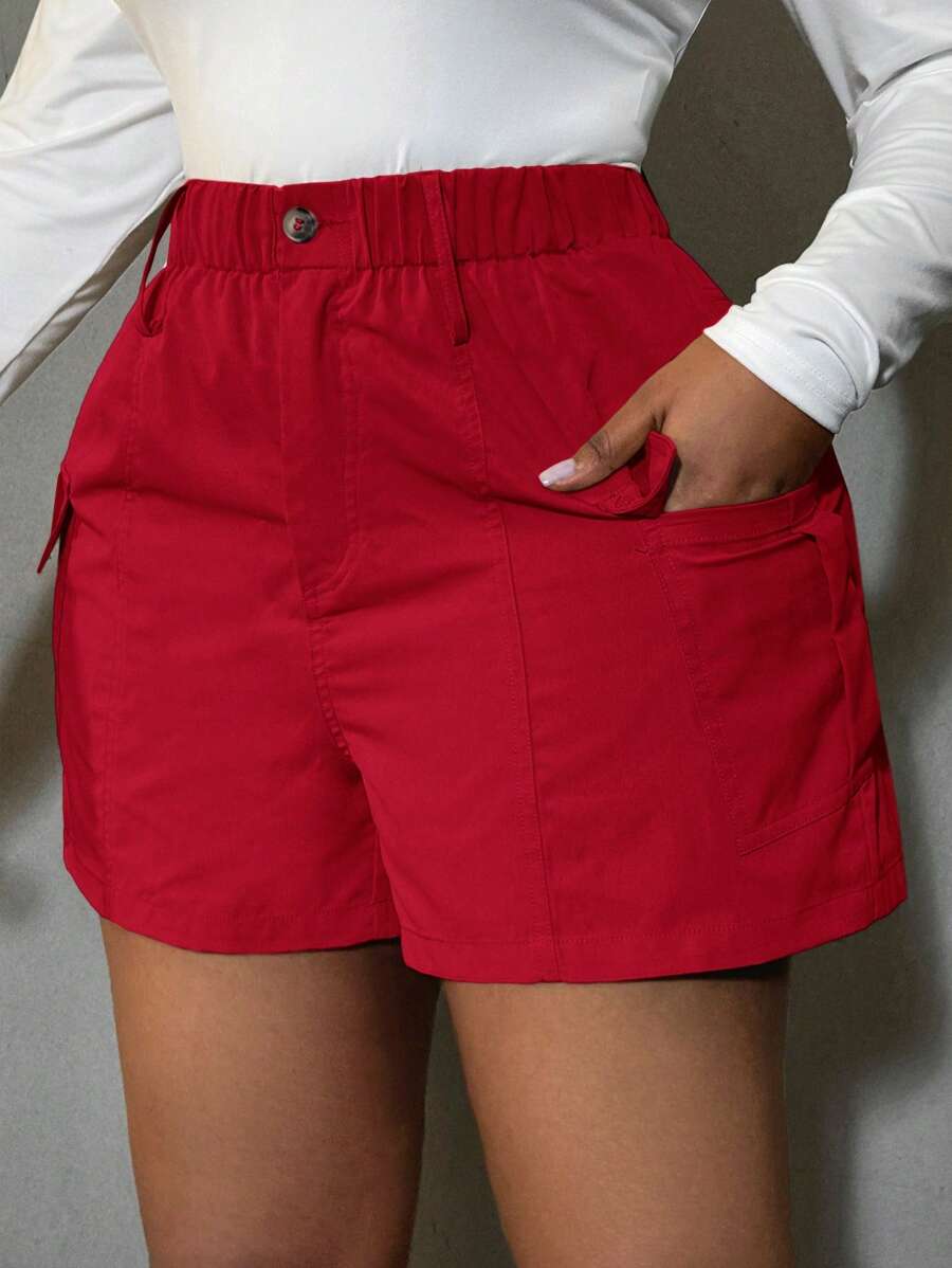 SHEIN SXY Plus Size Summer Casual Solid Color Cargo Shorts Red - Red - View 1