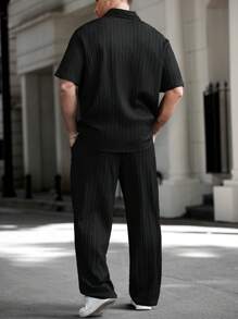 Manfinity Homme Plus Size Men's Casual Versatile Solid Color Shirt & Pants Set Men Co Ords Outfits For Clothes, Formal - Black - View 2