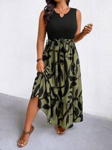 SHEIN LUNE Vestito a canotta in maglia con stampa a foglie e orlo asimmetrico (medio-lungo) da donna taglie forti, per primavera/estate, abito extra lungo da spiaggia per vacanze