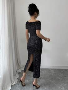 Elenzga 女士优雅迷人性感黑色连衣裙，带银箔和蕾丝镶片，露肩短袖，紧身中长款剪裁，后开衩，适合春夏季 - 黑色 - 查看 2
