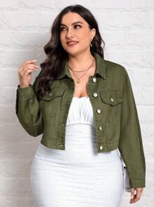EMERY ROSE Plus Size Vintage Short Metal Button Denim Jacket - Army Green - View 1