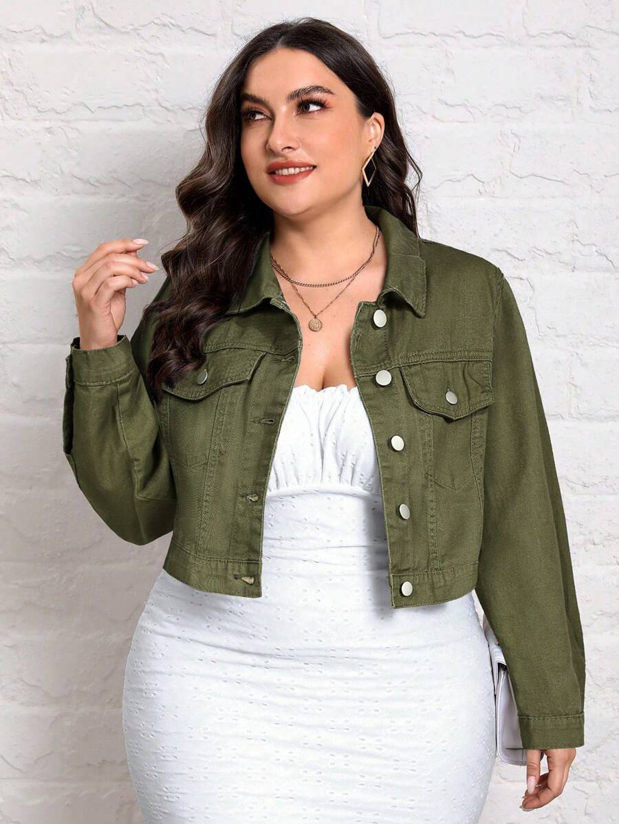 EMERY ROSE Plus Size Vintage Short Metal Button Denim Jacket - Army Green - View 1