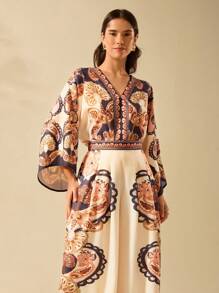 CAJUNI Ladies Boho Brown Tropical Paisley Print, Deep V-Neck Apricot One-Piece Suit, Holiday Casual Summer Beach One-Piece - Multicolor - View 7