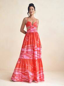 Eva Novielli Abstract Printed Spaghetti Straps V Neck Cutout Maxi Summer Dress Vacation Sundress, Rave, Prom Dress - Multicolor - View 1