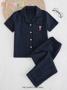 2pcs/Set Tween Girl Cartoon Embroidery Short Sleeve Top & Pants, Woven Fabric, Indigo Home Outfit Boy Clothes For Kids Pj Set Pajama Sets Clothes Outfit Set Clothing Sets Clothes Kids Outfit Set Kids Outfits Clothes Set Summer Clothes Sets Holiday Travel Releax Summer Clothes - Navy Blue - View 3